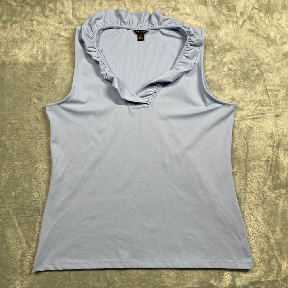 Ann Taylor Light Blue Sleeveless Ruffle V-Neck Top